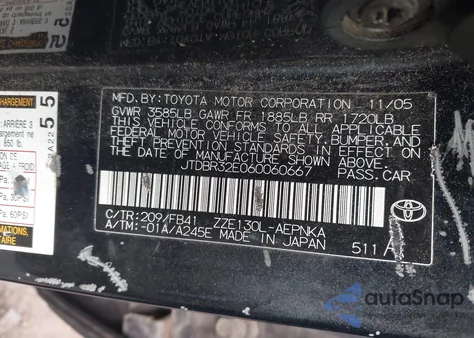 2006 Toyota Corolla Le from USA, damaged, VIN JTDBR32E060060667